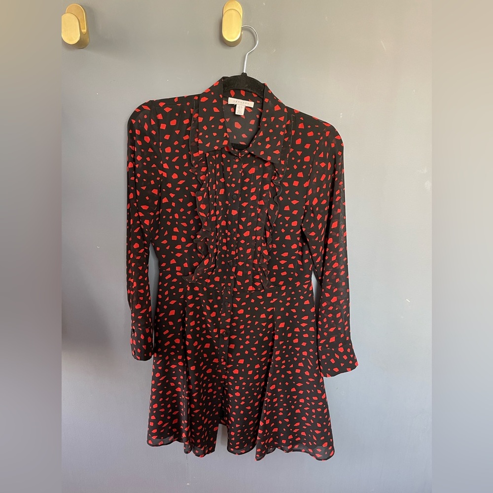 Topshop button down shirt dress - size 6 - black and red - a-line